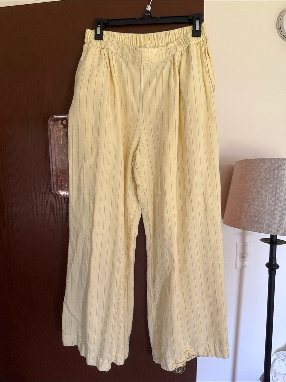 Pale Yellow Pinstripe Wide-Leg Pants
